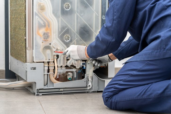 Tecnico con i guanti al lavoro sul retro di una lavastoviglie